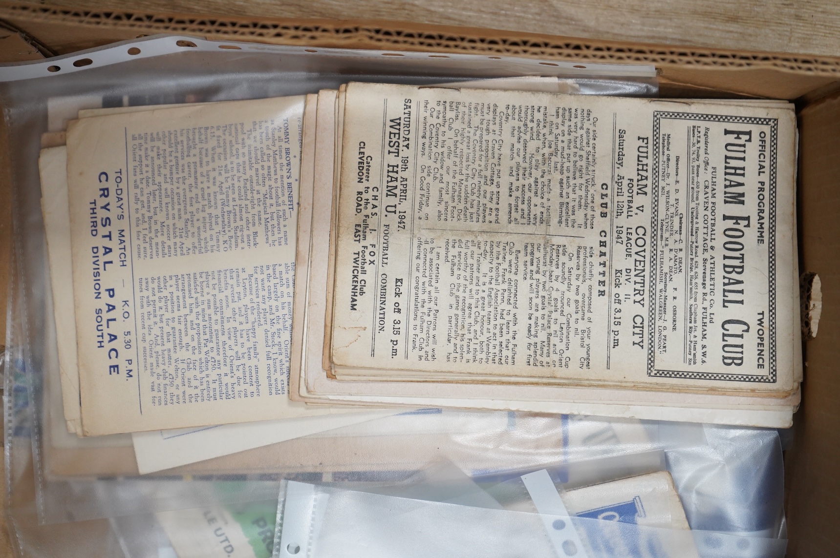A collection of 1940s-70s football programmes, including Millwall, Fulham, Everton, Newcastle United, Crystal Palace, Leyton orient, Charlton Athletic, Brighton Hove Albion, Leicester City etc.